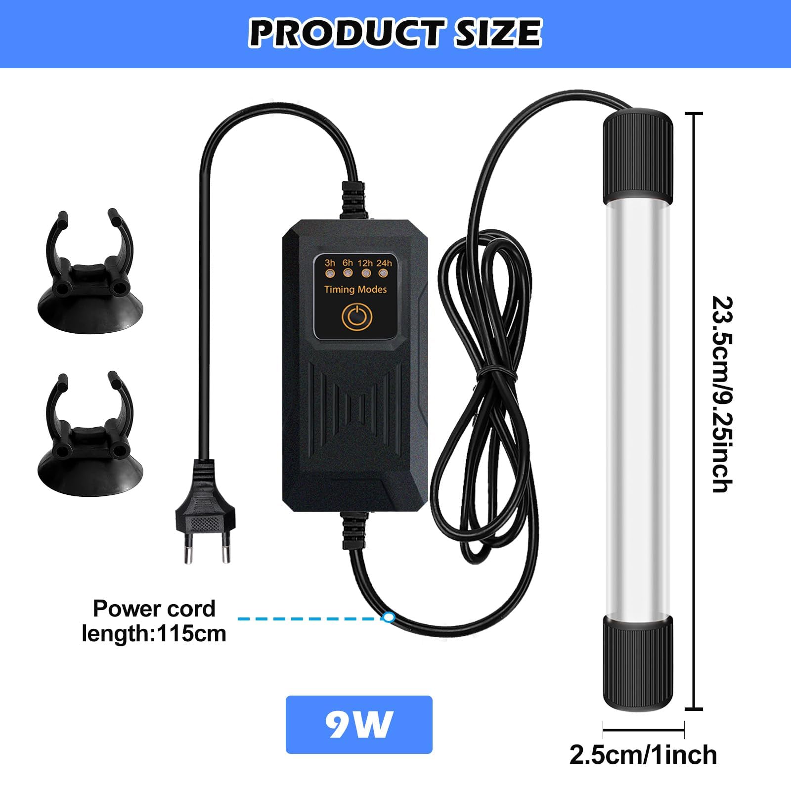 Esterilizador de acuario con temporizador, luz de acuario de 9 W, UV impermeable, esterilizador casero, purificador UV, acuario para la limpieza de acuarios y piscinas
