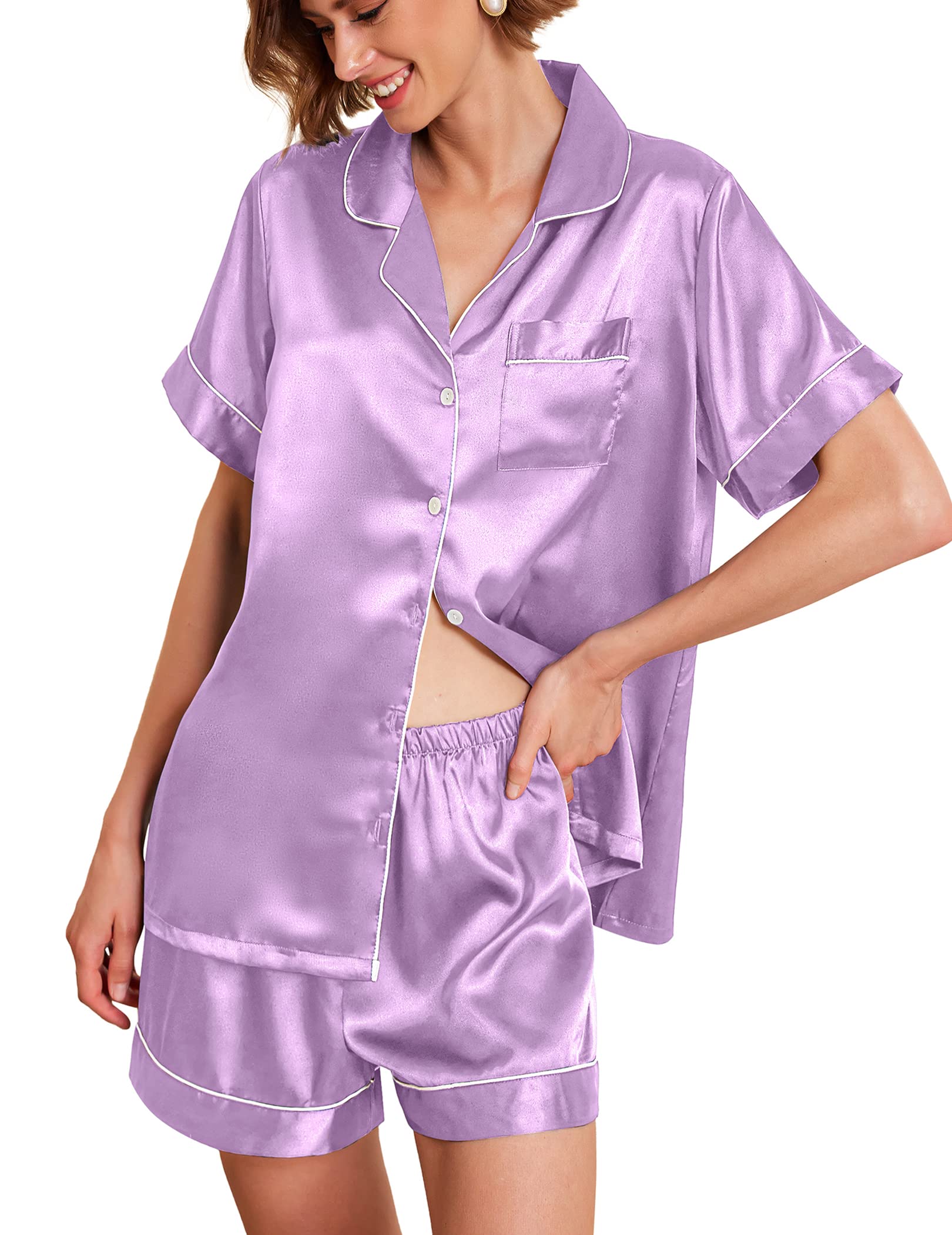 EkouaerWomens Silk Satin Pajama Sets Short Sleeve Button Down Sleepwear Cozy Loungewear 2 Piece Pjs Shorts Set S-XXL