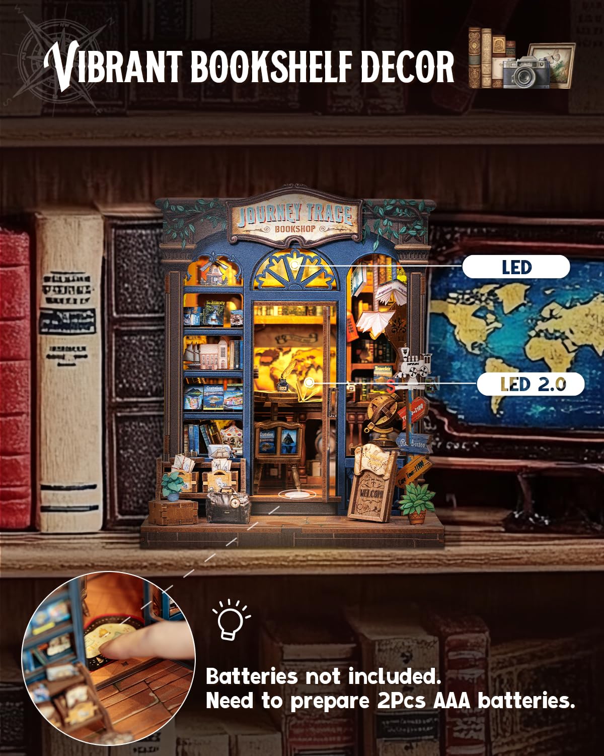 Cutefun Kit per angolo libro, kit fai da te in miniatura per adulti, puzzle 3D in legno con LED (Tragitto libreria)