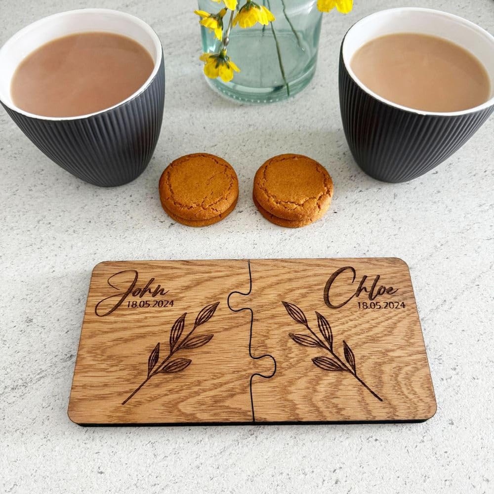Personalised Coaster Set with Names Date, Leaf Design, Engraved Wooden Coaster, His Her Gift, Mr Mrs Gift, Anniversary Wedding Gift, Set of 2