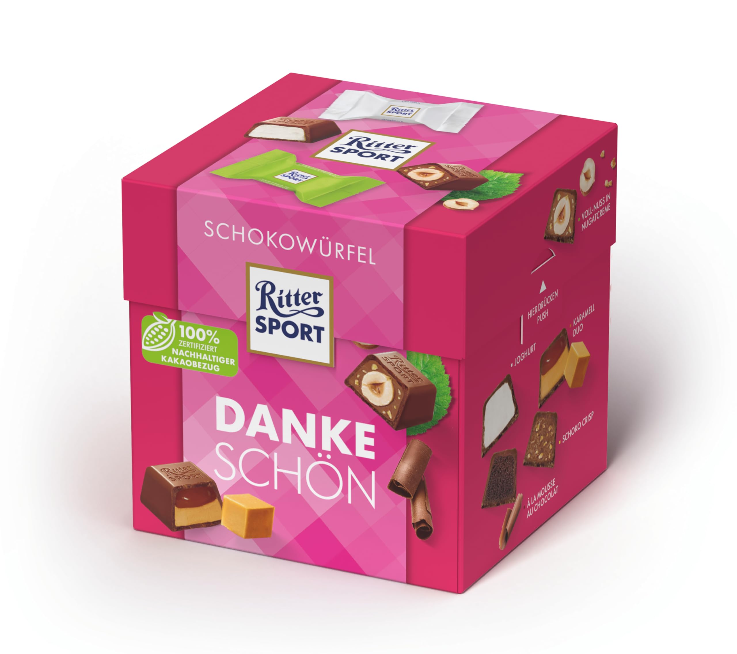 Ritter Sport Schokowürfel Dankeschön, Joghurt, Voll-Nuss in Nugatcreme, Danke Schön, Mousse au Chocolat, Schoko Crisp und Karamell Duo, geeignet für Muttertag und Vatertag, 8 Boxen mit je 176 g