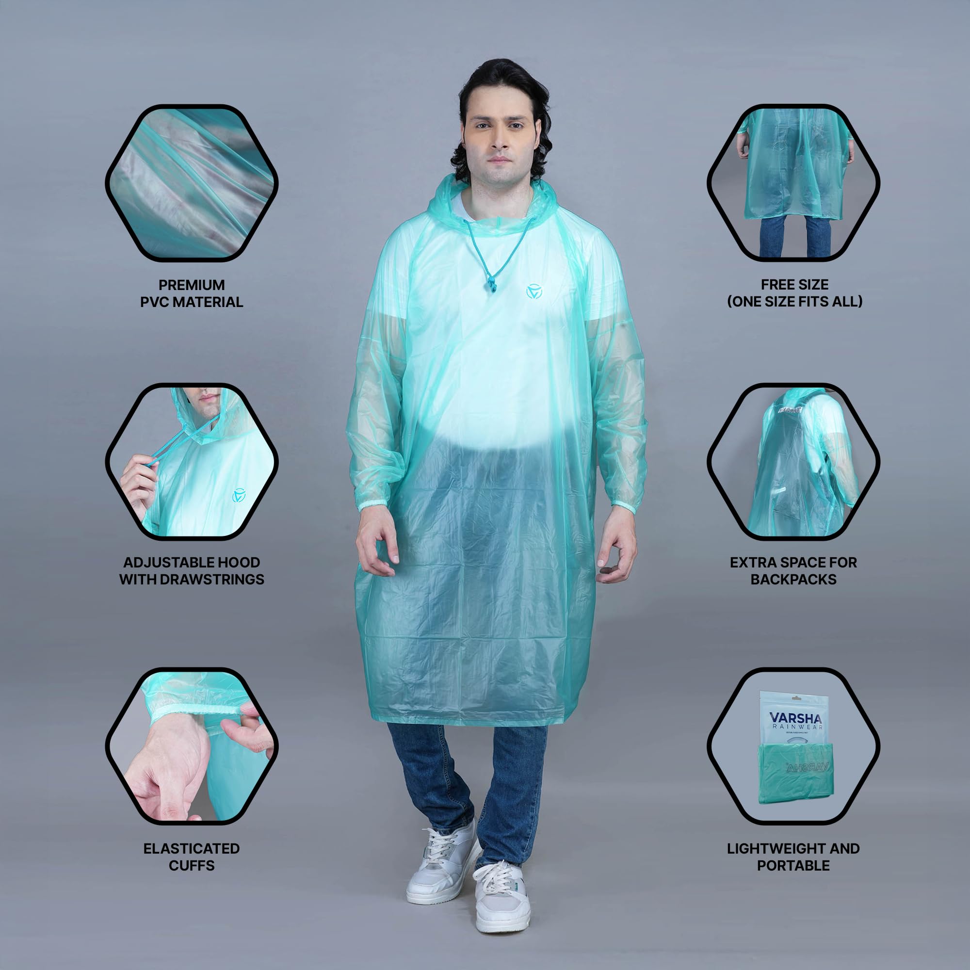 VARSHA Unisex PVC Waterproof Rain Poncho for Adult, Reusable Raincoat with Adjustable Hood and Elasticated Cuffs, One Size Fits All Rain Poncho (IN, Alpha, Free Size, Aqua)