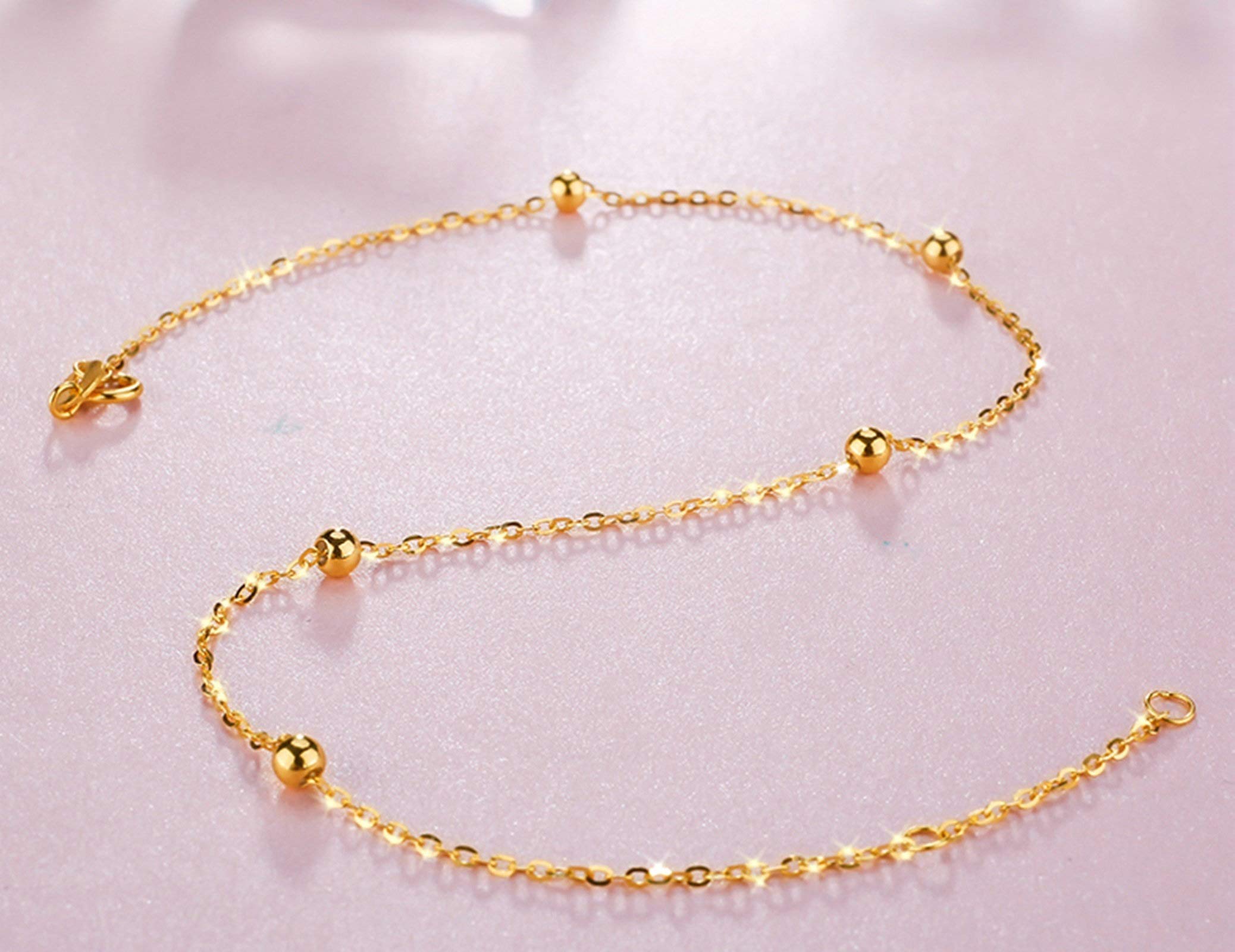 Tobillera de oro amarillo de 18 quilates para mujer, tobilleras con cinco cuentas ajustables de 9,5 pulgadas