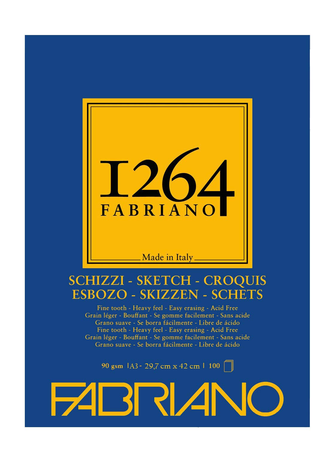Honsell Fabriano Schizzi 19100633 Sketch Pad 1264 Glued at The Top 90 g/m² DIN A3 100 Sheets Ivory White Acid Lightly Grained for All Drying Techniques