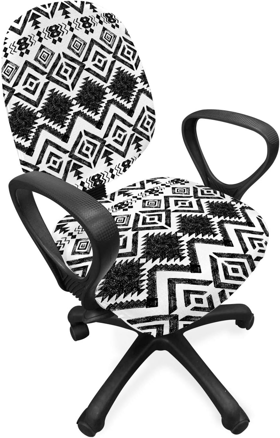 Ambesonne Tribal Office Chair Slipcover, Black and White Hand-Drawn Tribal Sketched Mexican Aztec and Zigzags, Protective Stretch Decorative Fabric Cover, Black and White
