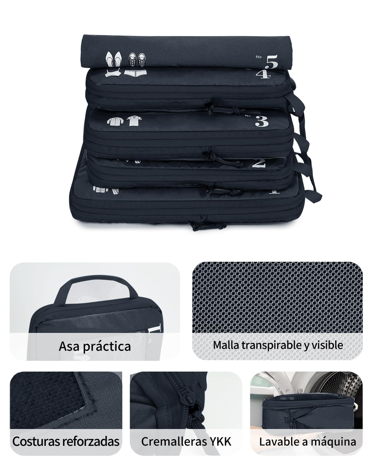 ECOHUB 5 Sets Compresión Organizador Maleta Packing Cubes For Travel Essentials Bolsas Organizadoras Ropa Viaje Avion Viajes Accesorios(Azul oscuro)