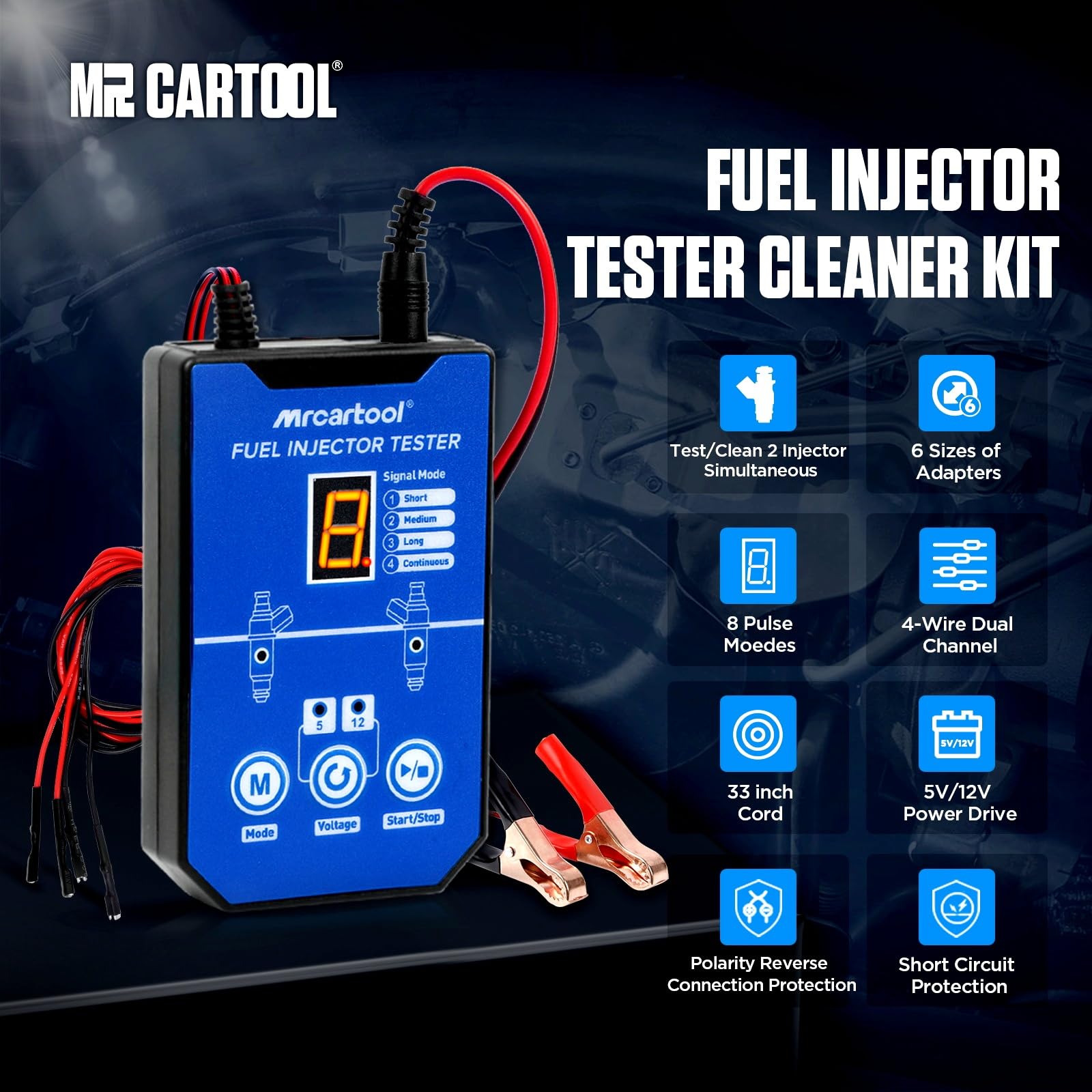 MRCARTOOL Testeur d'injecteur de carburant pour voiture 12 V Testeur d'injecteur de carburant avec 6 buses pour injecteurs 5 V 12 V EFI GDI 8 modes d'impulsion Kit de nettoyage d'injecteurs Double