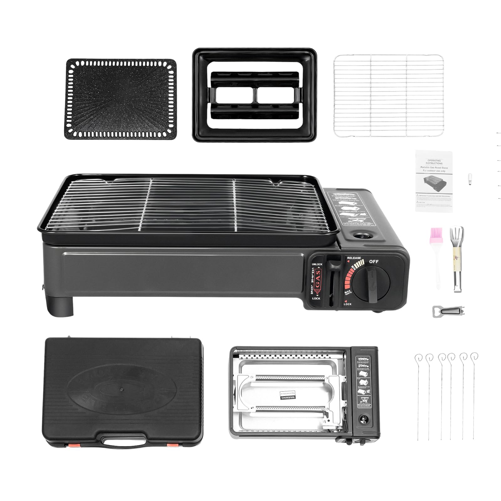 Camping Gasgrill mit Koffer, 2-in-1 Tischgrill Gas Gaskocher 2-flammig Tragbar, Kleiner Gasgrill für Kartusche & Gasflasche, Outdoor Grill Camping Set für Balkon, Picknick mit Zubehör