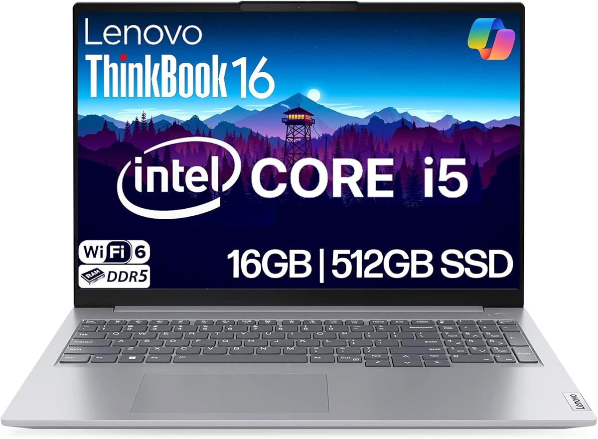 Lenovo ThinkBook 16 Business Laptop, 16” FHD+ Anti-Glare Display, Intel 8-Core i5-13420H, 16GB DDR5 RAM, 512GB NVMe, WiFi 6 + BT, RJ-45, HDMI, HD Webcam, Win 11 Pro