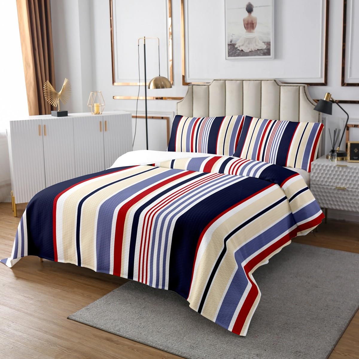 ETDIFFE Set Copripiumino King Size 3 Pezzi | Grigio E Blu Sfumato A Righe | Morbido Microfibra Per Tutte Le Stagioni | 104x90 Cm + 2 Federe
