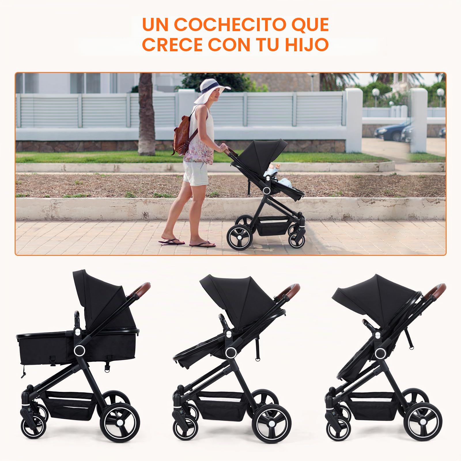 GarveeHome Cochecito De Bebé 2 En 1 Plegable Ligero Con Capazo Reversible y Ruedas Todo Terreno 0-36 Meses Aluminio