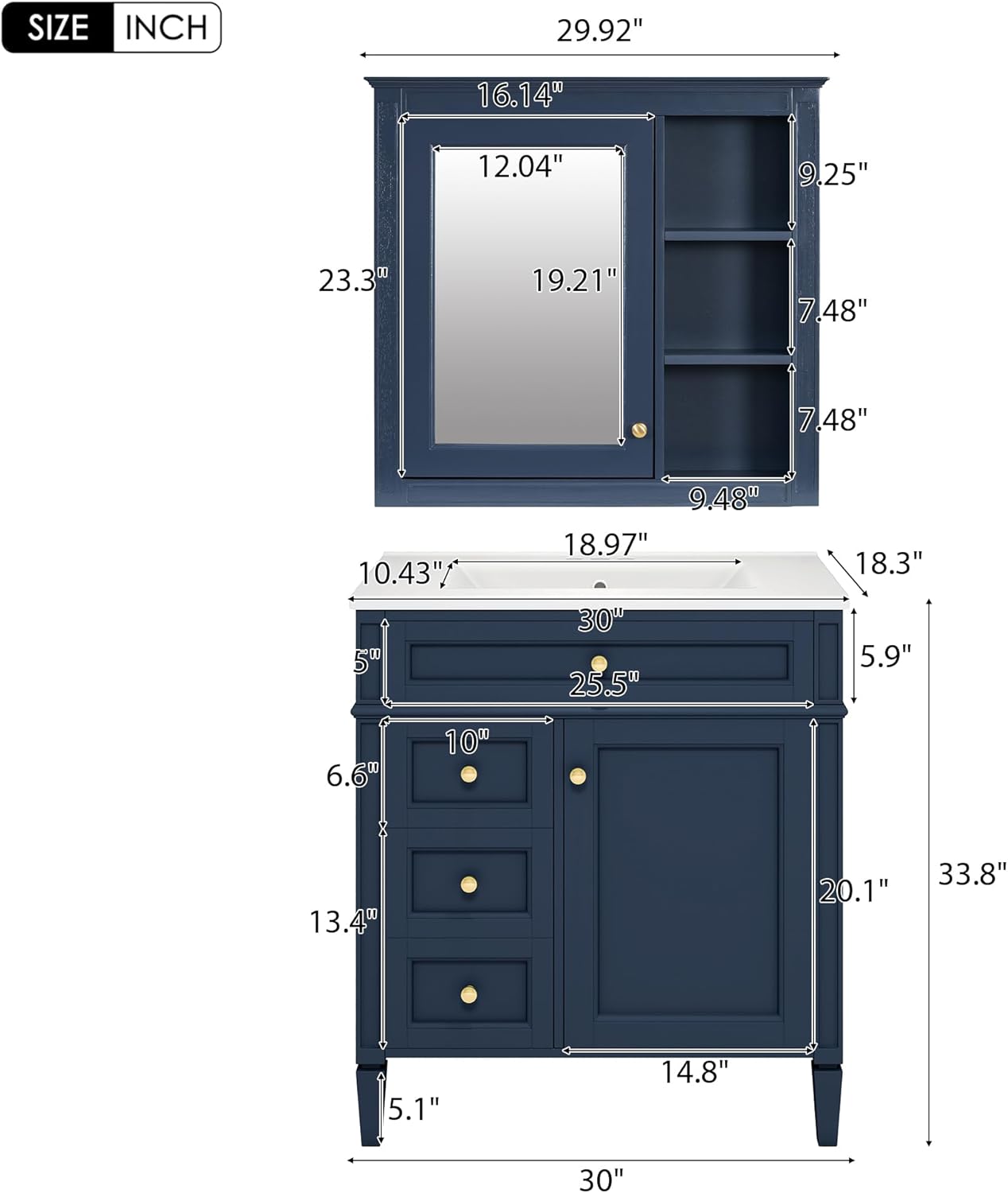 Linique 30" Modern Bathroom Vanity with Mirror Cabinet Combo Set, Blue Ceramic Sink, 2 Drawers & Tip-Out Drawer, Wall-Mounted Medicine Cabinet