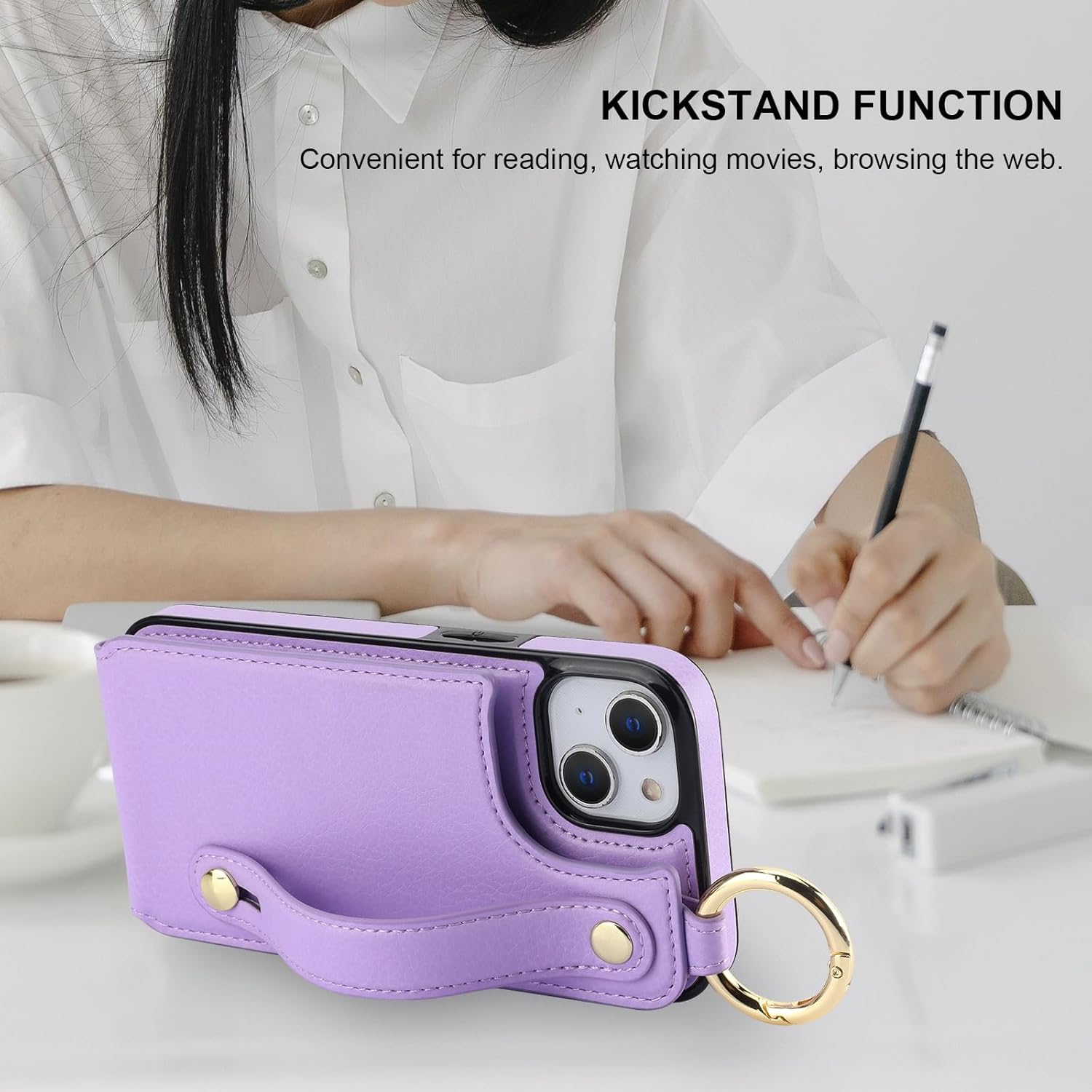 Folosu for iPhone 13/14 Wallet Case with Card Holder, Hand Wrist Strap Loop Holder Kickstand, RFID Blocking Finger Grip Ring PU Leather Double Buttons Shockproof Cover 6.1" Purple