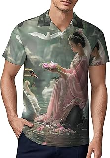 White Swan Woman Lake Men's Short Sleeve Polo Shirts Casual Golf Shirts Tee Tops