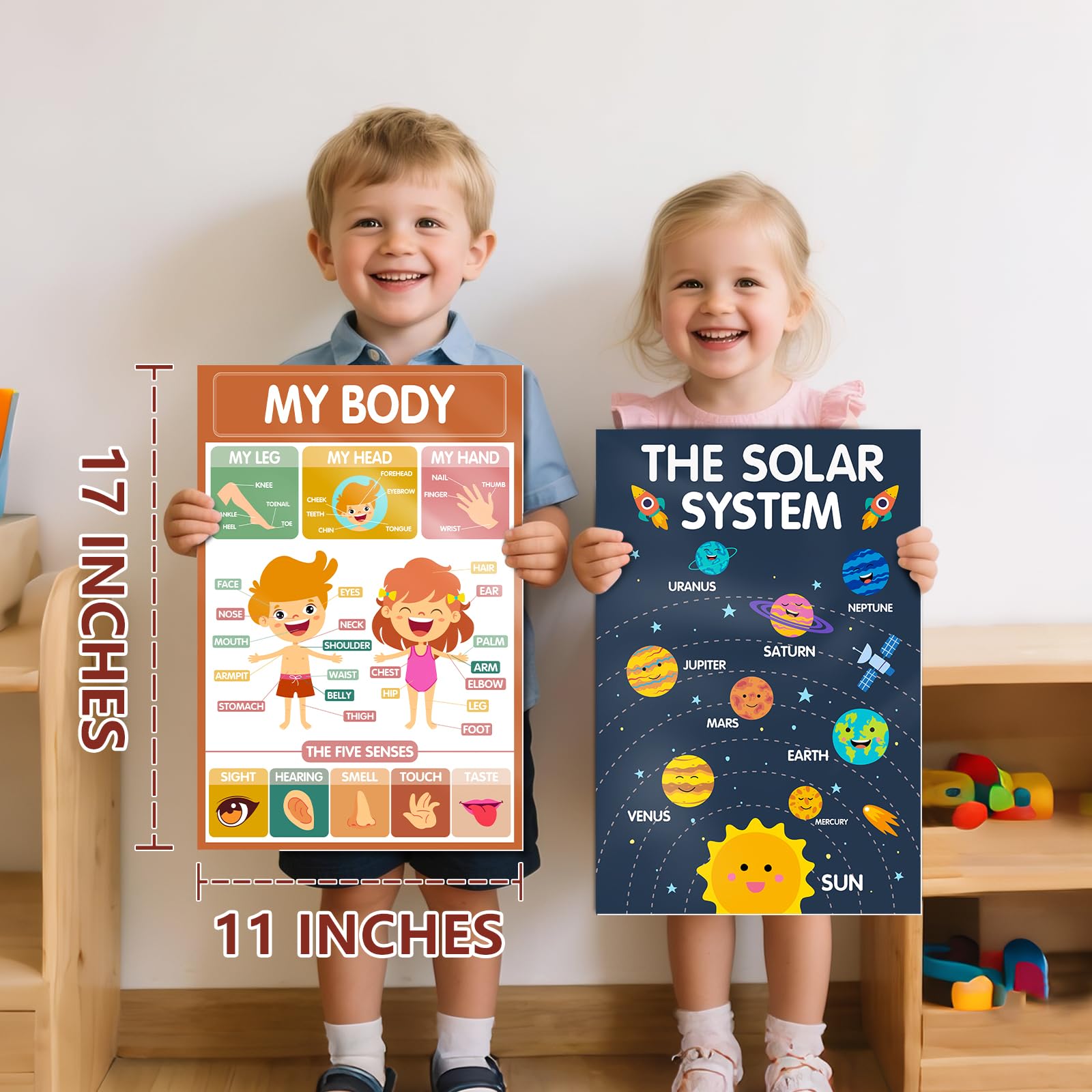 KIDS KING 18 affiches éducatives laminées pour les tout-petits de 1 à 3 ans, affiches d'apprentissage pour maternelle et maternelle, alphabet, chiffres, couleurs, formes, temps, carte, temps, corps