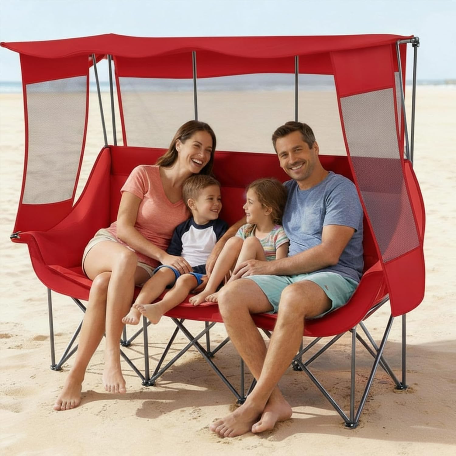 Teenyyou 3 Person Camping Chair with Canopy – Ultimate UV Sun Protection, 700lbs Heavy Duty Oversized Beach Chair, Foldable Portable Sofa with Cup Holder & Storage for Beach Lawn Outdoor(Dark Red)