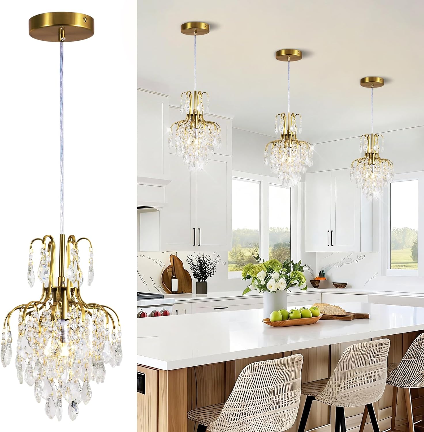 Mini Crystal Chandelier 1-Light Modern Copper Gold Raindrop Crystal Pendant Light Small Adjustable Hanging Chandelier Light Fixture for Dining Room Bedroom Kitchen Island Hallway Entryway Bathroom