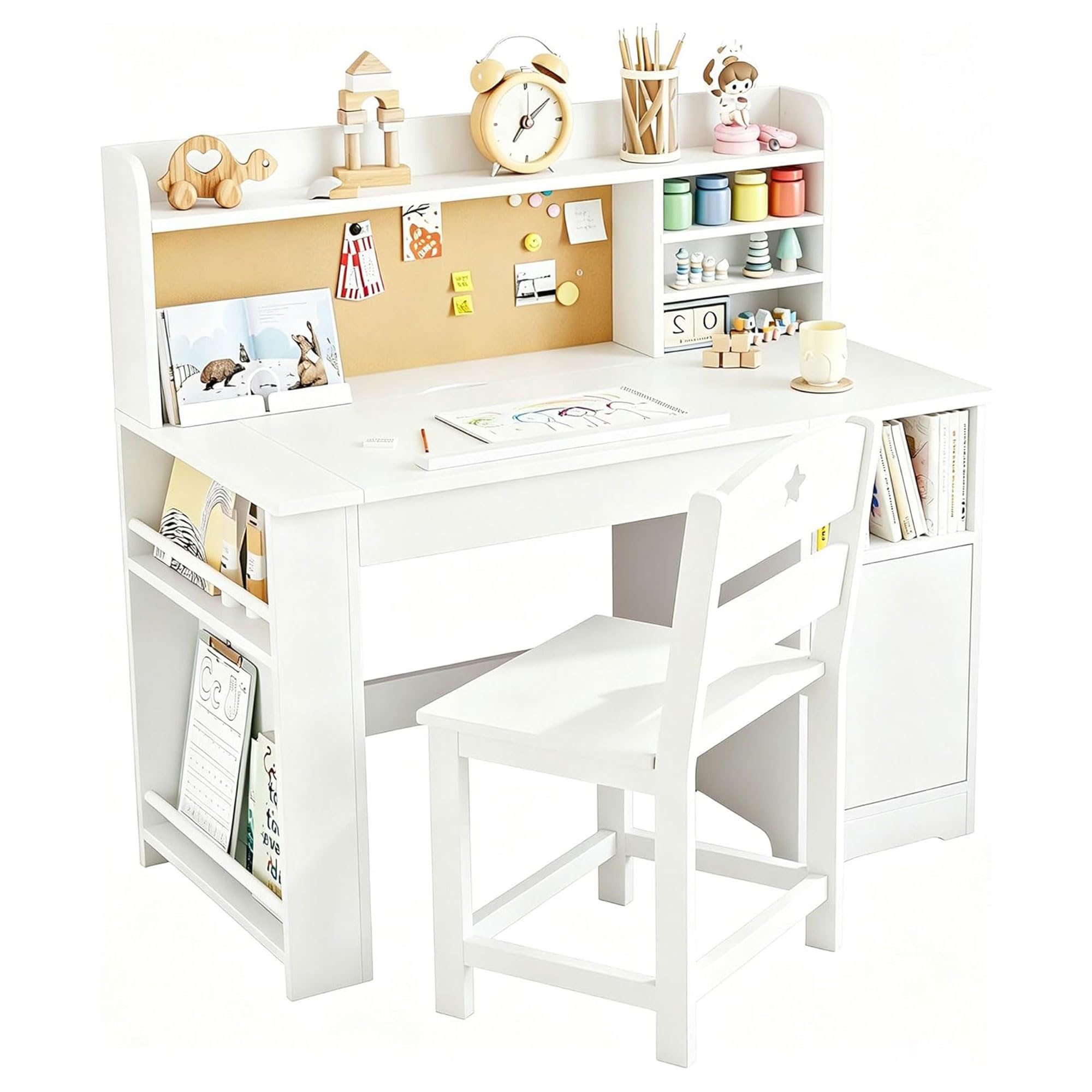 Bureau Enfant Fille Garcon 3-8 an, 3 en 1 Table Enfant en Bois avec Plateau Incliné 0-40°, Table d'Étude avec Rangement pour Dessiner, Lire, 104.5 * 60 * 13.5 cm (Blanc)