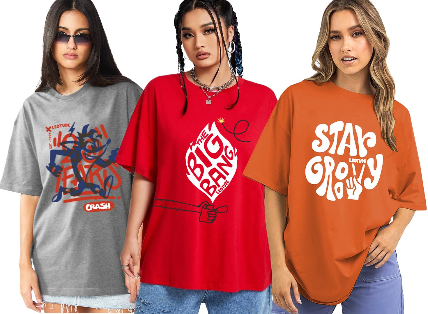 Women Cottonblend Oversized Baggy Fit Half Sleeve Round Neck Multicolor Combo T-Shirt for Women & Girls (Pack of 3)-image-10