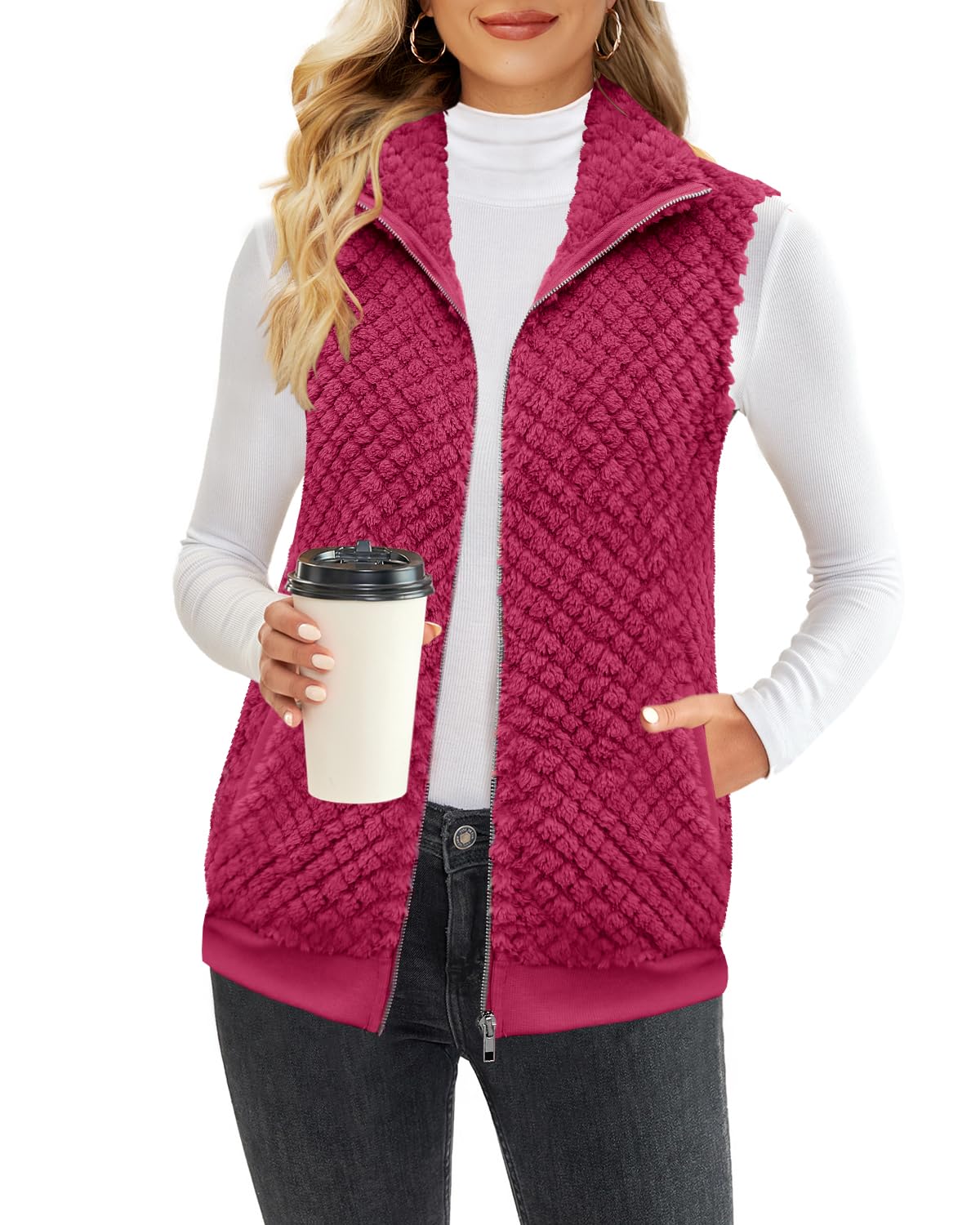 ReachMe Womens Fleece Sherpa Vest Winter Sleeveless Fuzzy Fluffy Checkered Plaid Vest Zip Up Jacket with Pockets