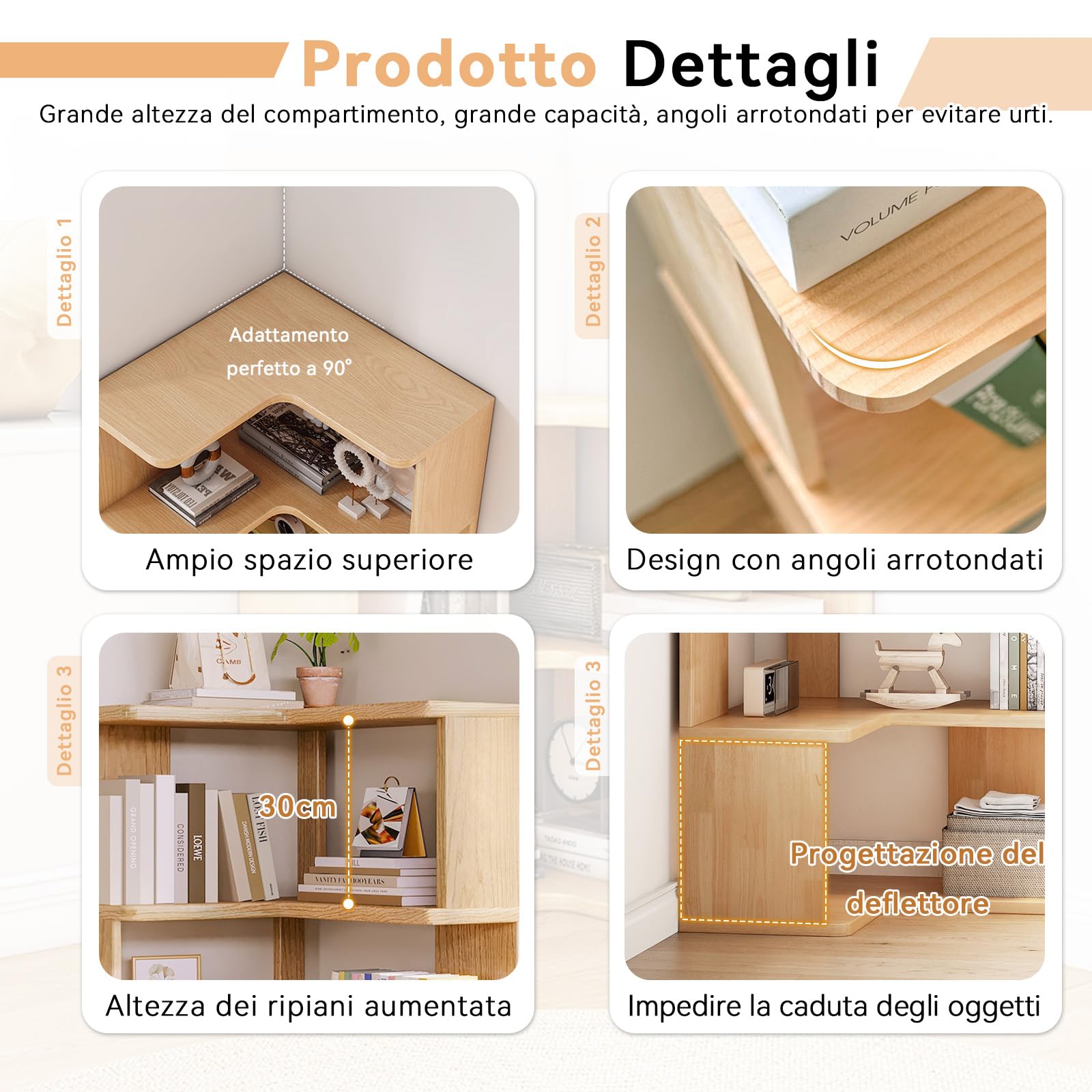 3 livelli Libreria Angolare, Libreria d'angolo, Legno libreria a L, Libreria da Parete, Risparmia Spazio, Scaffale Angolare per soggiorno, camera da letto, ufficio, studio, Colore del Legno