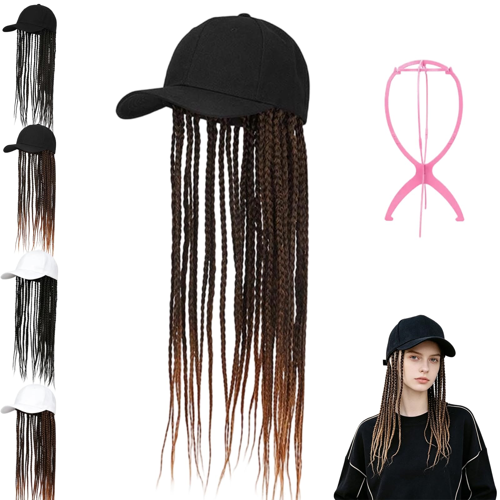 Dawhare Unisex 1Xblack Hat-B Braided Wig Baseball Cap Snapback Hat With Attached Dreadlock Braids, Cycling Bike Bicycle Cap Fake Hair Wig Visor (1Xblack Hat-B)