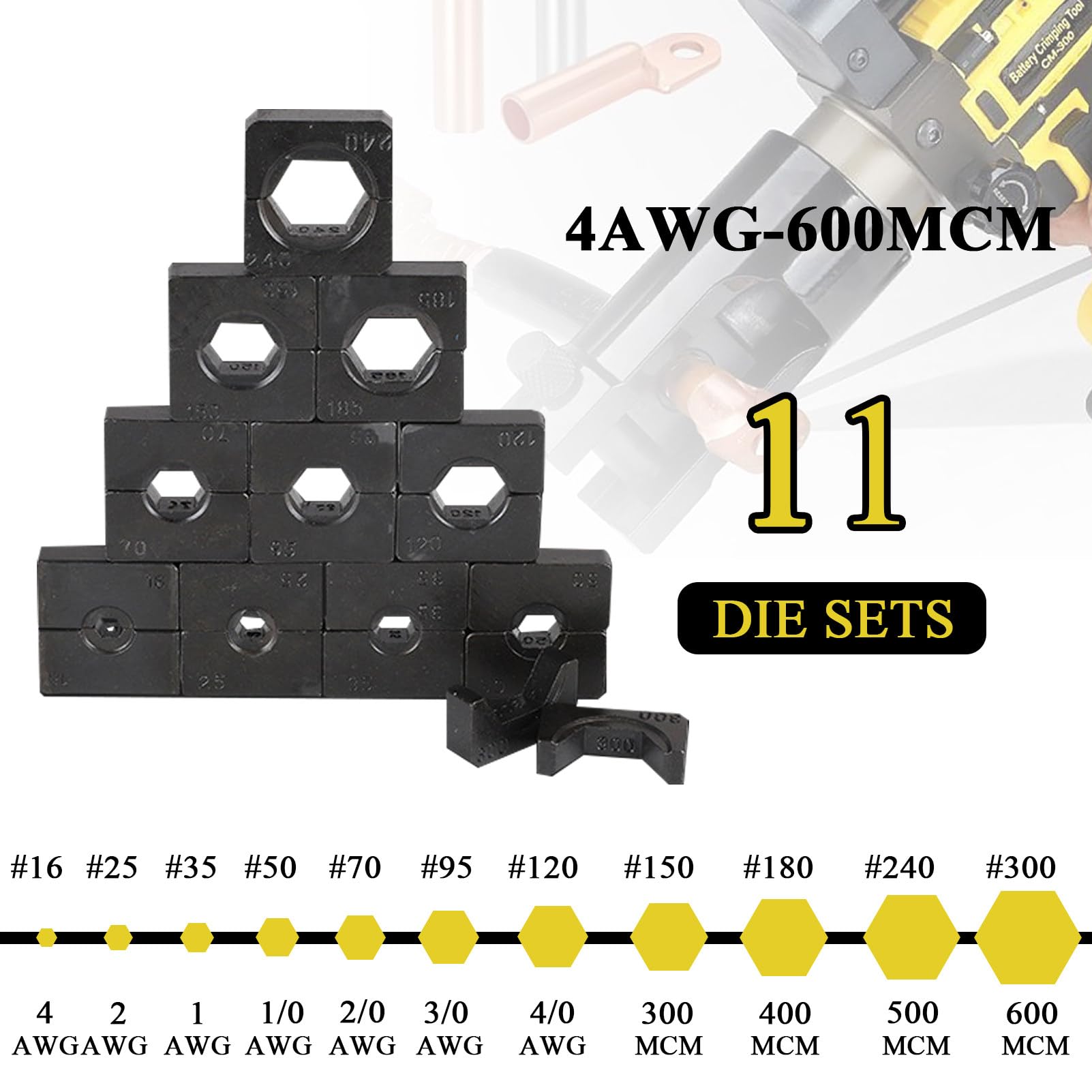 Crimpadora hidráulica a batería de 18 V, Herramienta para crimpar terminales, crimpadora de Cables de 16-300 mm², Abrazadera giratoria de 360°, con 11 Matrices y 2 baterías Yellow-75KN