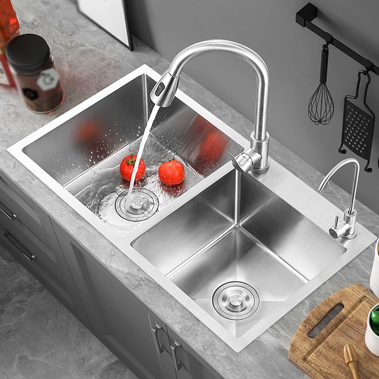 CSXSXAUO Workstation Kitchen Home Waterfall SinkKitchen Sink Double Bowl Stainless Steel Top Mount Overmount Basin Dual 2-Hole Sink, Steel(Size:80x45cm)