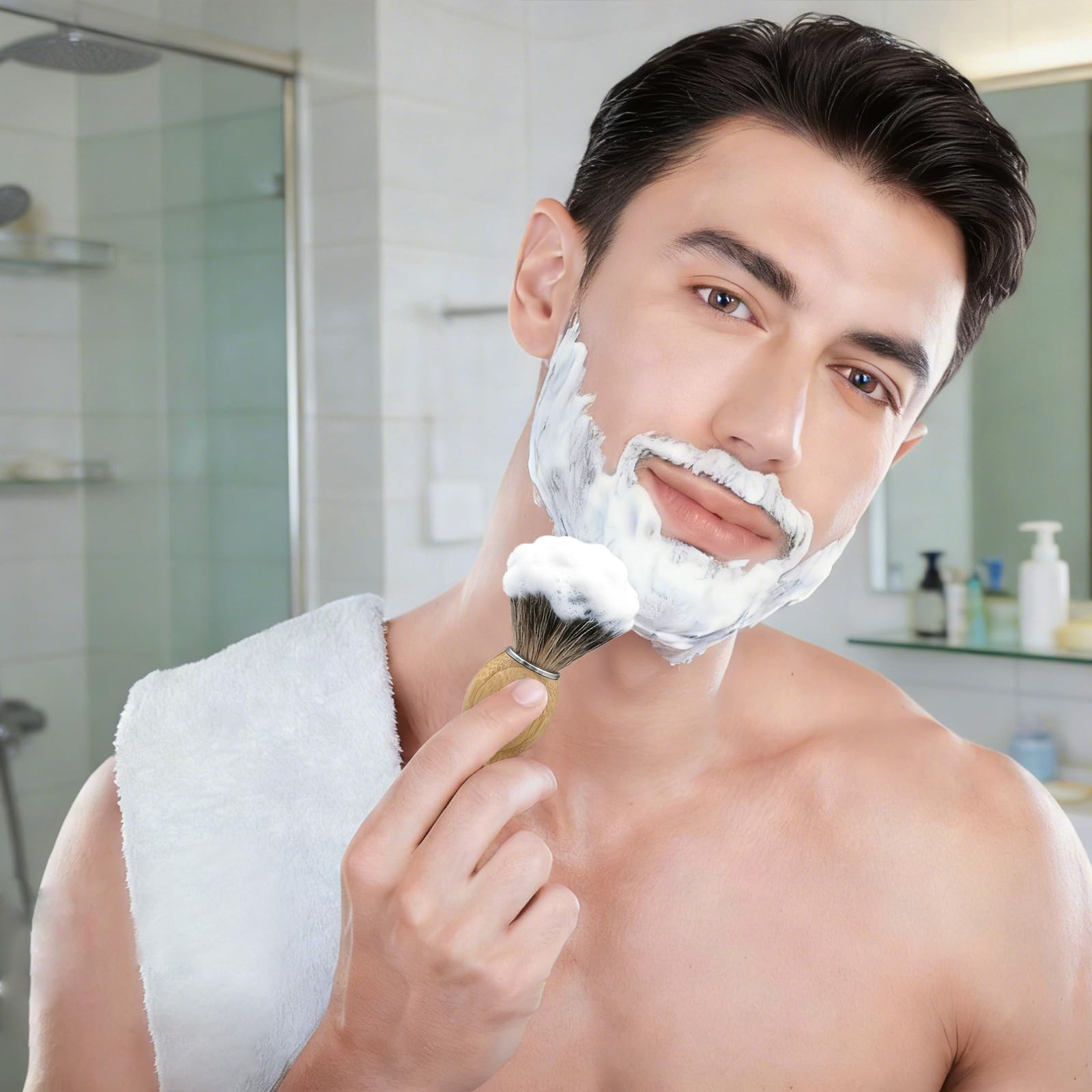 Kikc Set di pennelli da barba, pennello da barba in tasso puro e ciotola in bambù con supporto da barba 2 in 1, kit completo da barba da uomo, manico in bambù ecologico, ciotola per schiuma e supporto