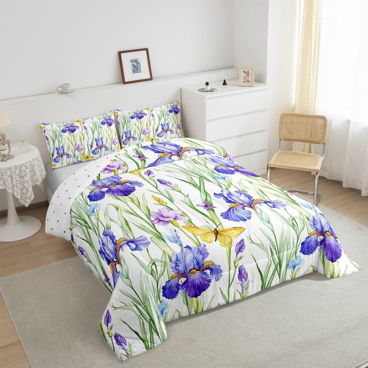 jejeloiu Blossoming Iris Flowers Comforter Set Queen Size Butterfly Bedding Set Girl Butterfly Floral Comforter Purple Flower Duvet Set Floral Botanical Quilt Set 3Pcs