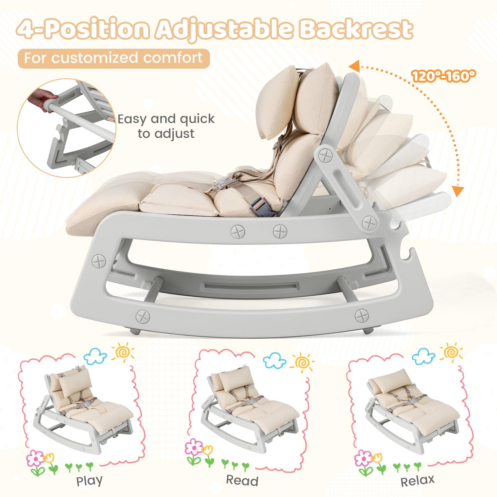 FANTASK 2 in 1 Babywippe, Schaukel- beziehungsweise feste Position & verstellbare Rückenlehne, Relaxsessel, waschbarem Kissen & Sicherheitsgurt, Kinderliegestuhl bis 80 kg belastbar (Grau)