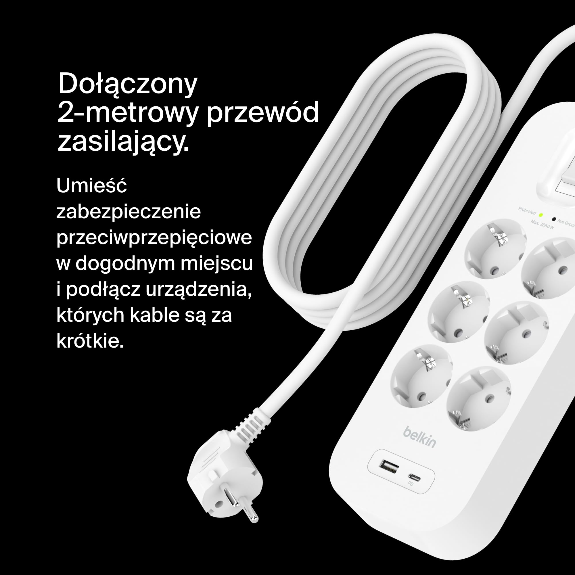 Belkin Listwa przeciwprzepięciowa z 6 gniazdami, montaż na ścianie, 6 gniazd AC, kabel 2 m i zielony wskaźnik świetlny – port USB-C i port USB-A z szybkim ładowaniem USB-C PD – poziom ochrony 650 J