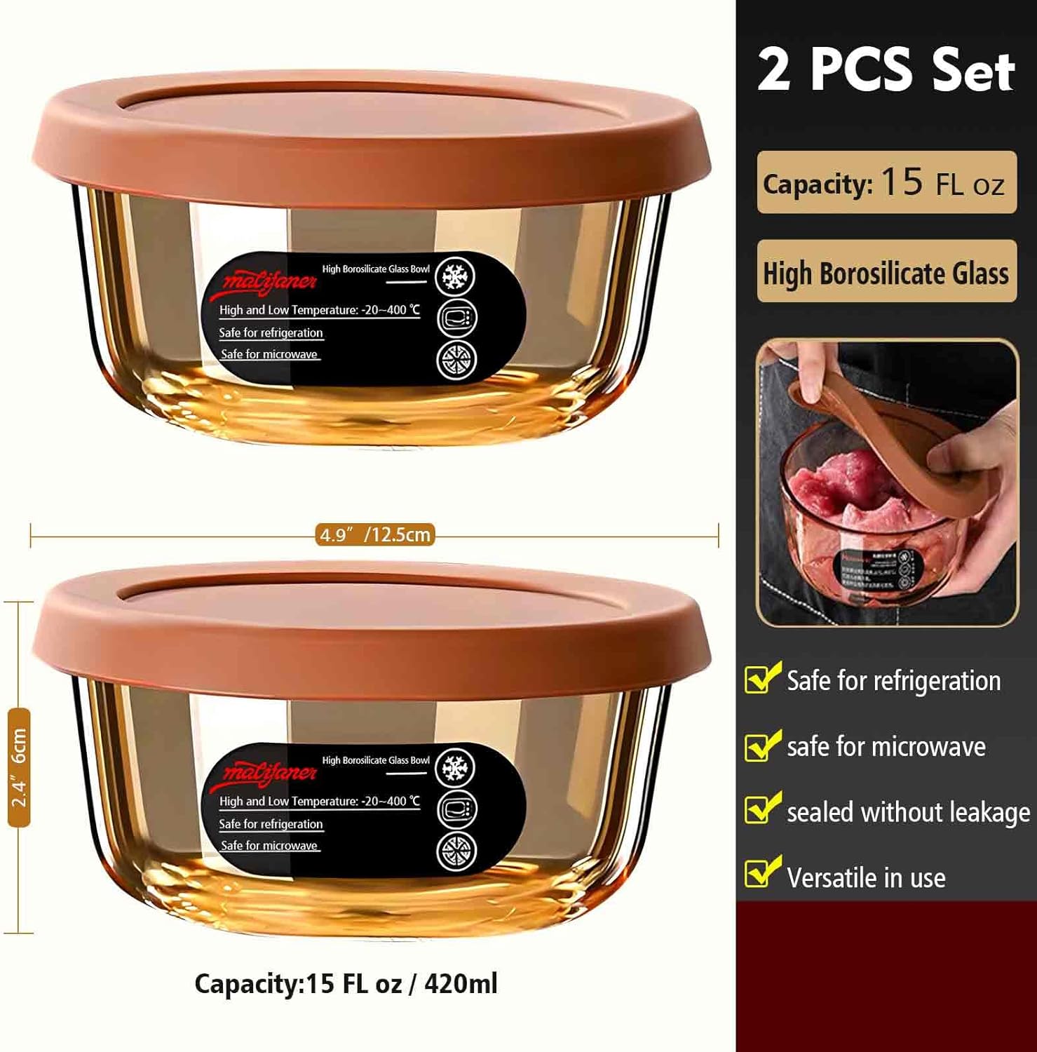 2-Piece 14 Oz Amber Borosilicate Glass Bowls with Silicone Lids, 4mm Thickened Design, 100% Leakproof, Microwave & Freezer Safe, Ideal for Meal Prep, Desserts, Snacks & Outdoor Use