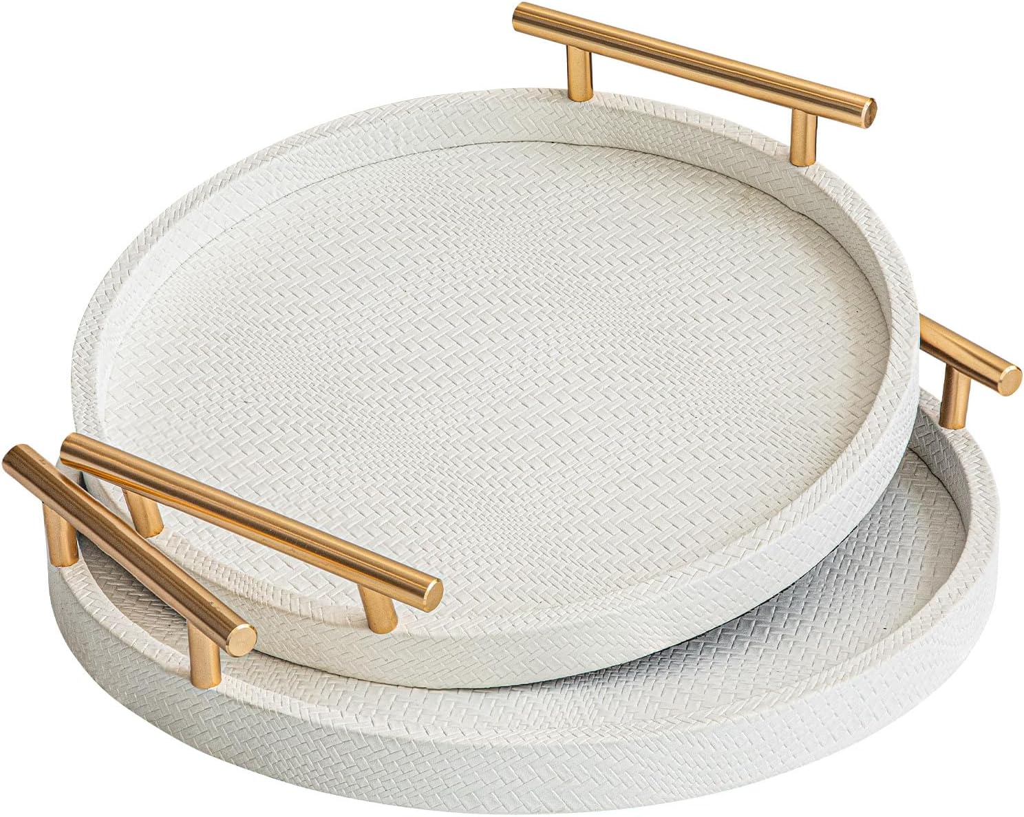 2 Piece White Round Serving Tray with Handles, Woven-Texture Faux Leather Ottoman T...