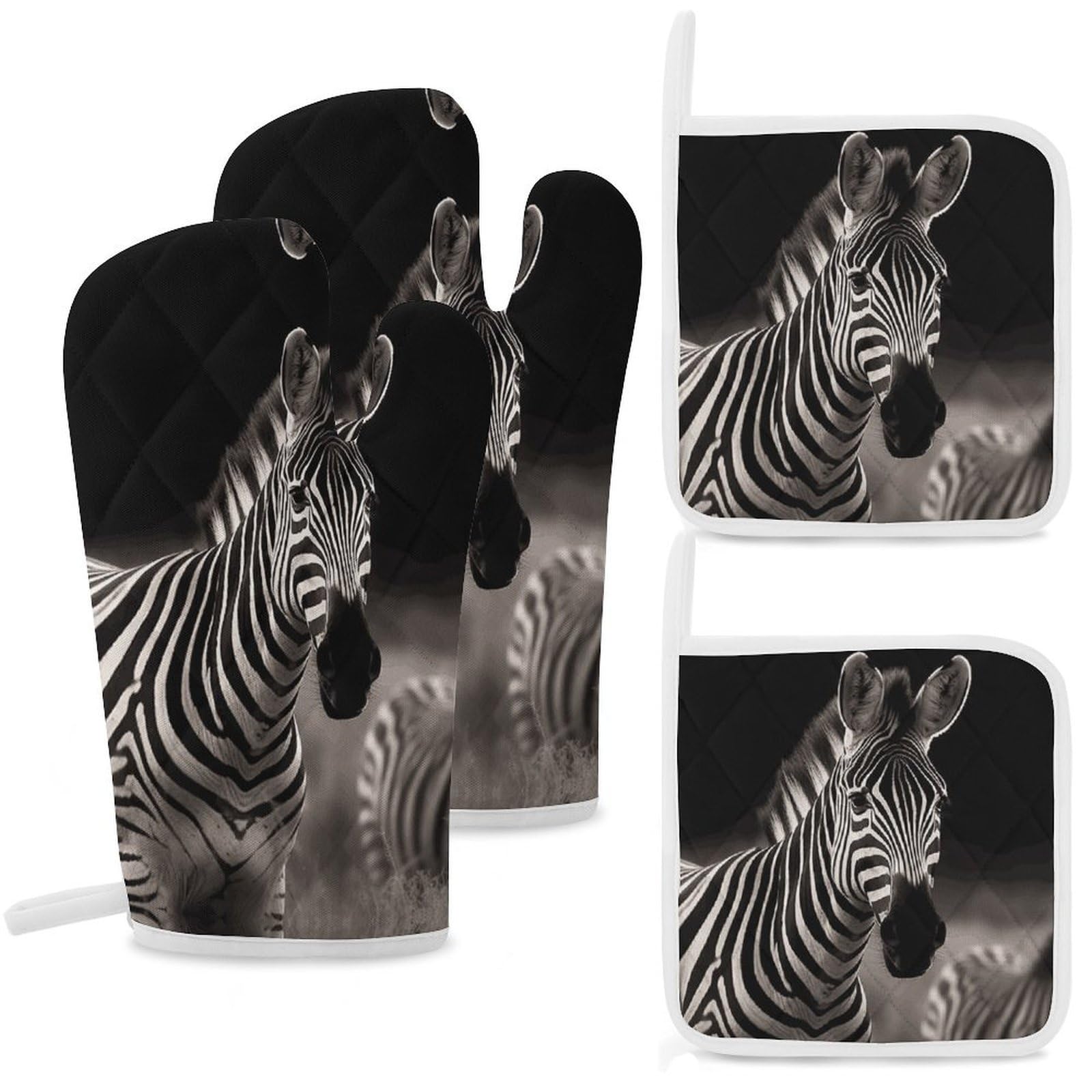 Wild Animals Zebra Oven Mitts and Pot Holders Sets Heat Resistant Oven Glove with Hanging Loop for Baking Cooking BBQ Thicken Potholders for Kitchen