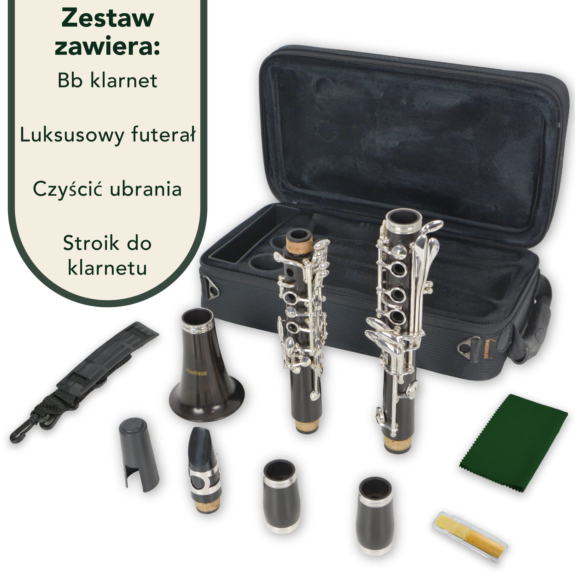 Montreux Concert Series Intermediate Advanced Bb Clarinet z futerałem Premium, ustnikiem, trzciną, dwiema beczkami - drewno hebanowe, 17 posrebrzanych kluczy, B płaski