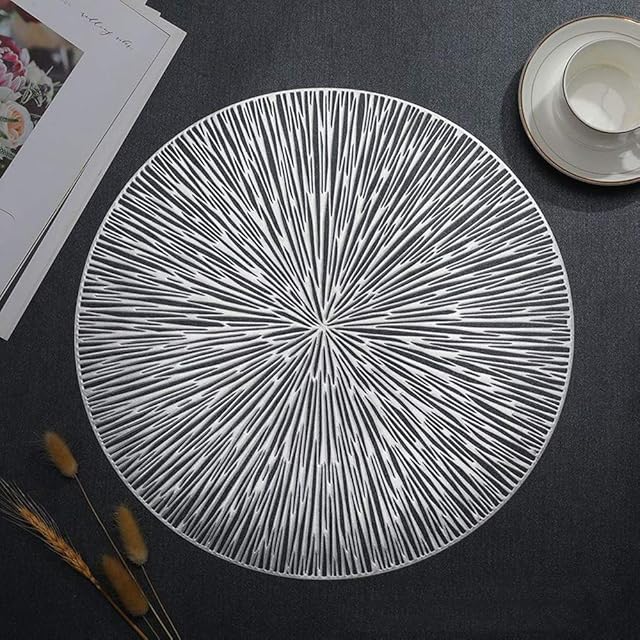 Hosoncovy 4 Pack Firework Decorative Placemats PVC Placemats Hollow Table Place Mats Heat Resistant Non-slip Dining Placemats Leaf Placemat Round Placemats for Home Kitchen (Silver)