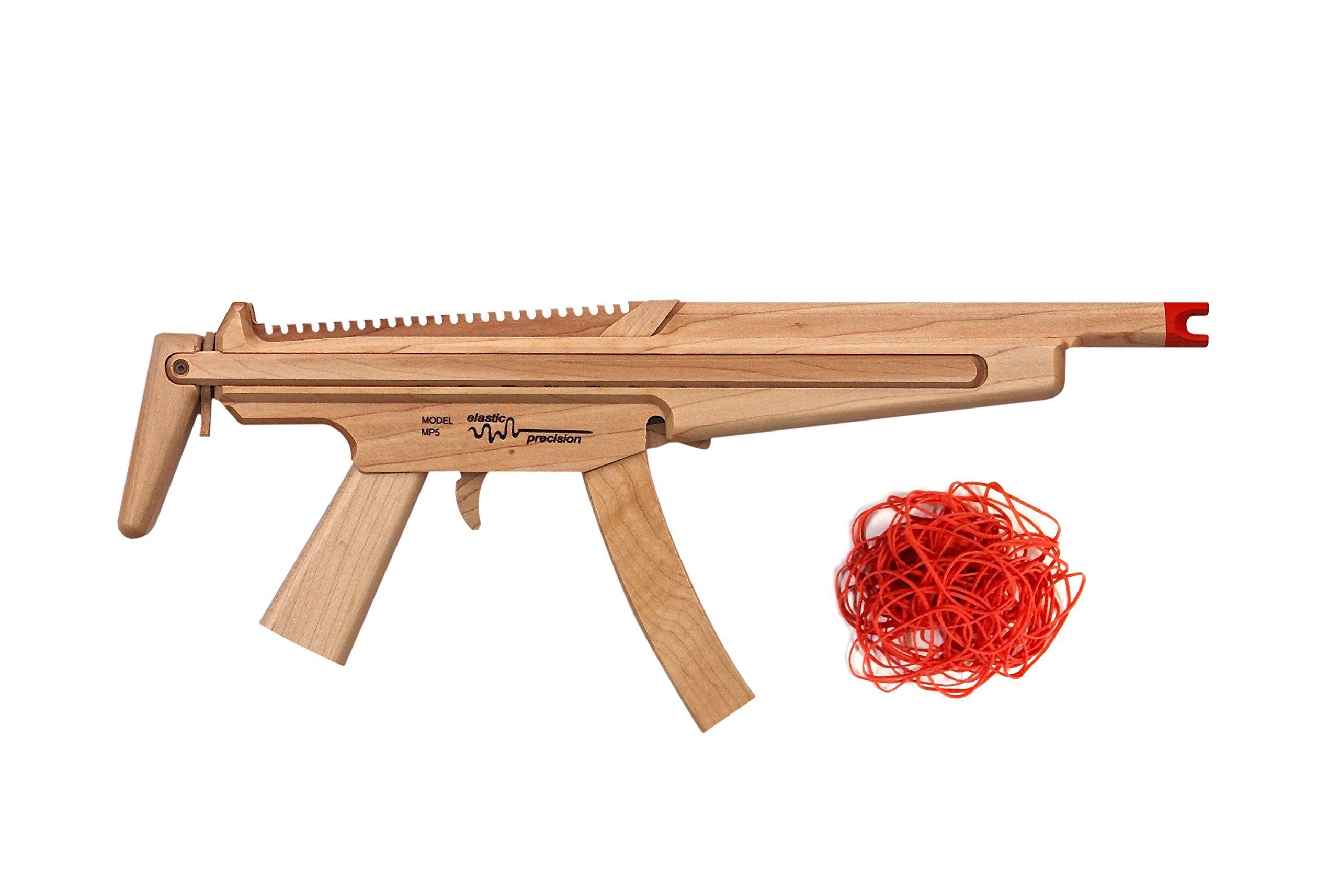 Elastic Precision Model MP5 Rubber Band Submachine Gun Made from Hard Rock Maple with Rapid-Fire Semi-Automatic Action and Adjustable Stock - Made in The USA
