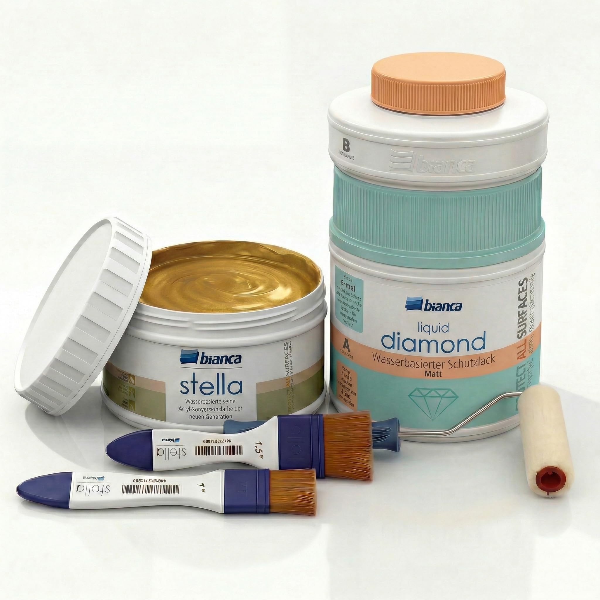 Bianca Stella Universalfarbe 250ml, Metallic-Gold & Matt 2K Schutzlack 600g mit Rolle & Pinseln - Parfümierte Renovierfarbe für Möbel, Holz, Fliesen, Metall & Kunststoff