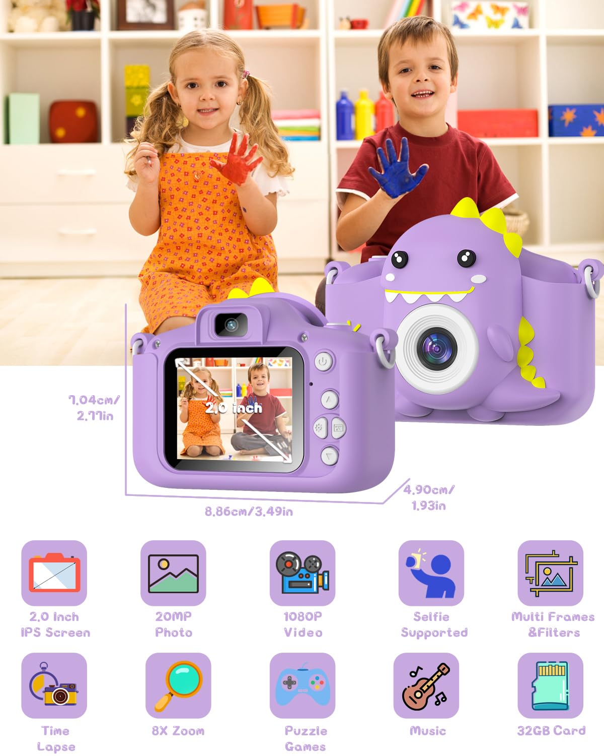 Gofunly Macchina Fotografica Bambini, 2.0 Pollici Schermo HD da 1080P Selfie Fotocamera Digitale per Bambina Videocamera Regalo per Ragazze & Ragazzi 3-12 Anni, Scheda 32GB Inclusa, Regali Giocattolo