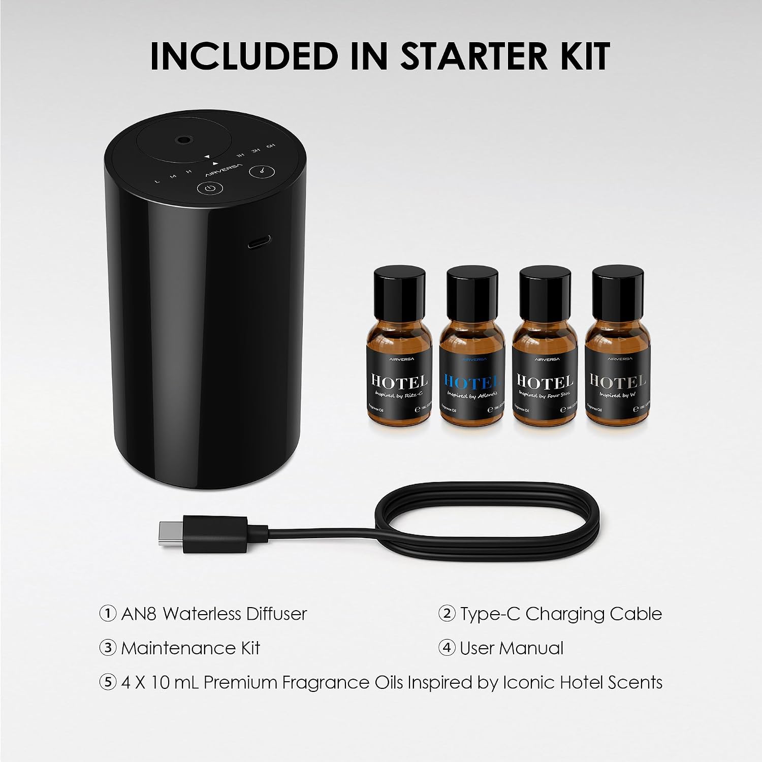 Airversa AN8 Waterless Essential Oil Diffuser Starter Kit, Black