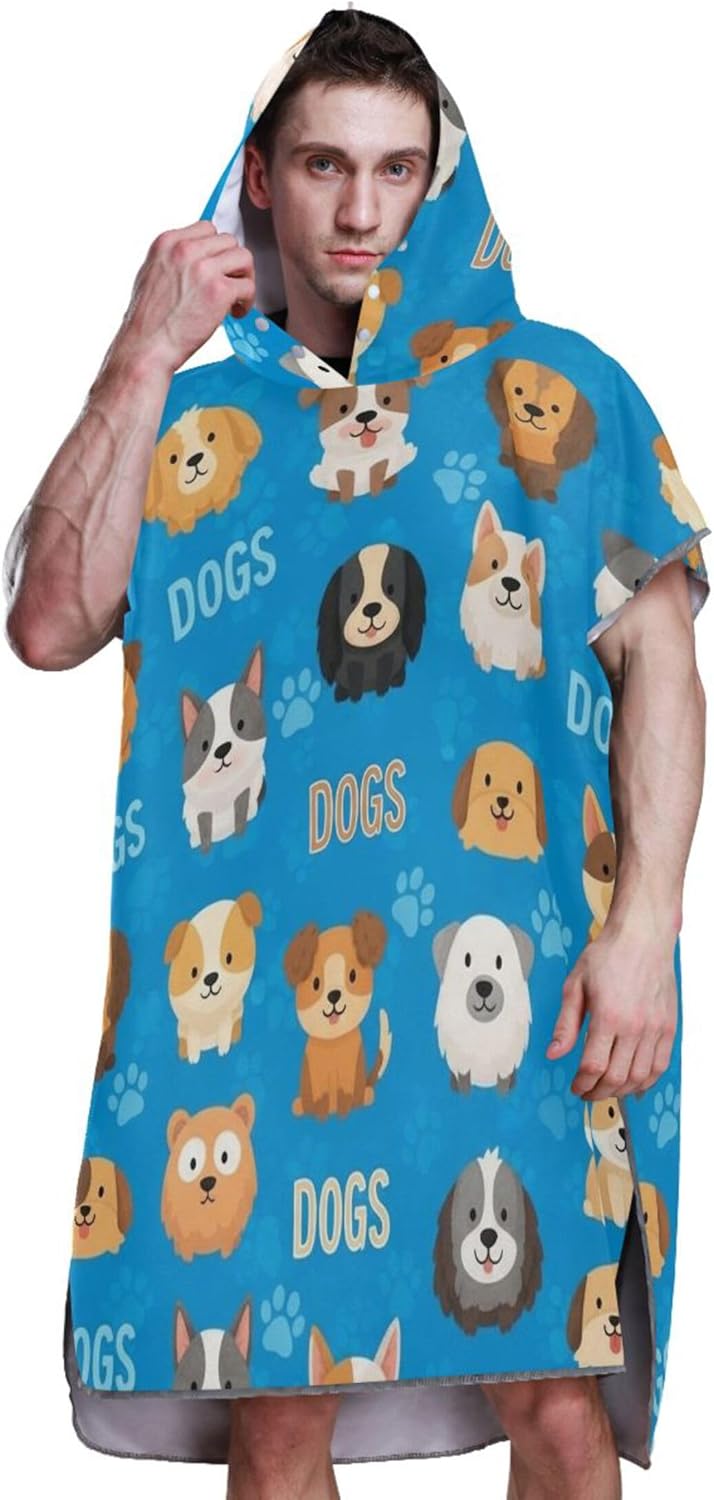 Cute Cartoon Dogs Blue Surf Poncho Changing Robe for Adults Reusable Womens Ponchos with Hood Hooded Beach Towel Print One Size