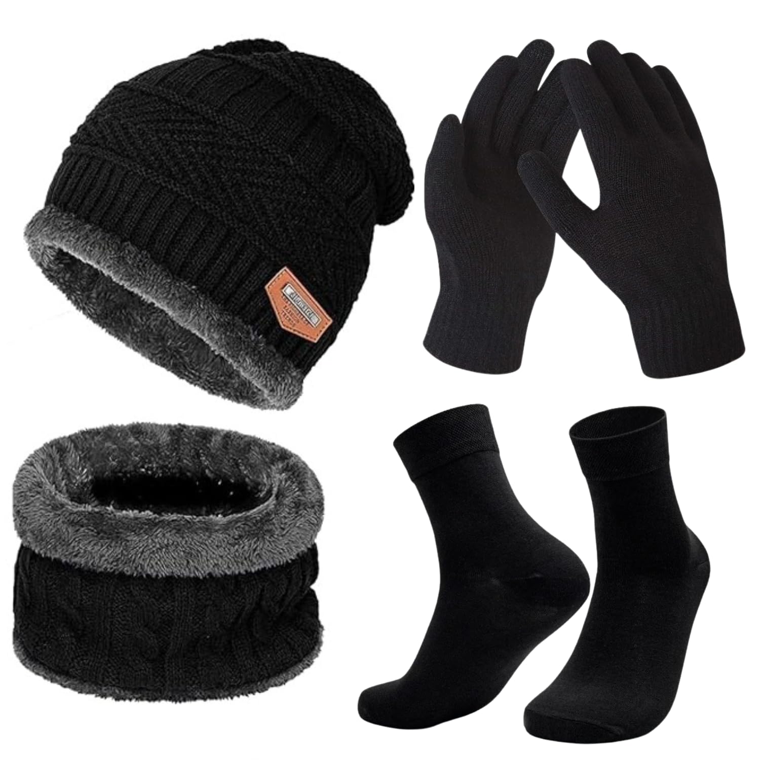 Winter Cap & Muffler Set for Men | 4-in-1 Woolen Set with Warm Gloves & Socks | Wool Cap/Topi for Men, Thermal Gloves, Accessories for Cold Weather, Snow Trips (Pack Of 1)