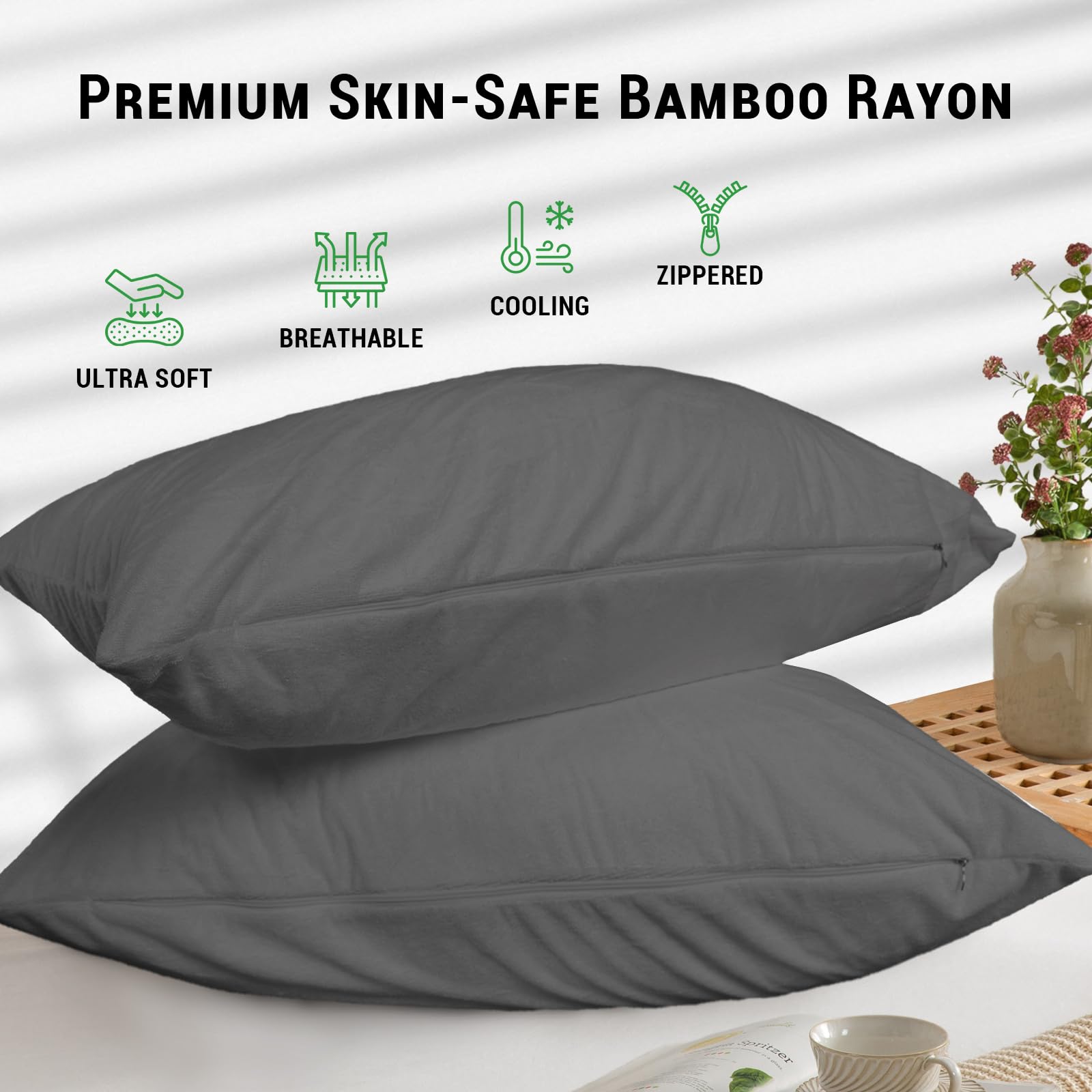 Gogreen Protector de almohada impermeable de rayón de bambú, funda de almohada transpirable, funda de almohada refrescante con cremallera, funda de almohada de rizo suave con cremallera (4 paquetes,