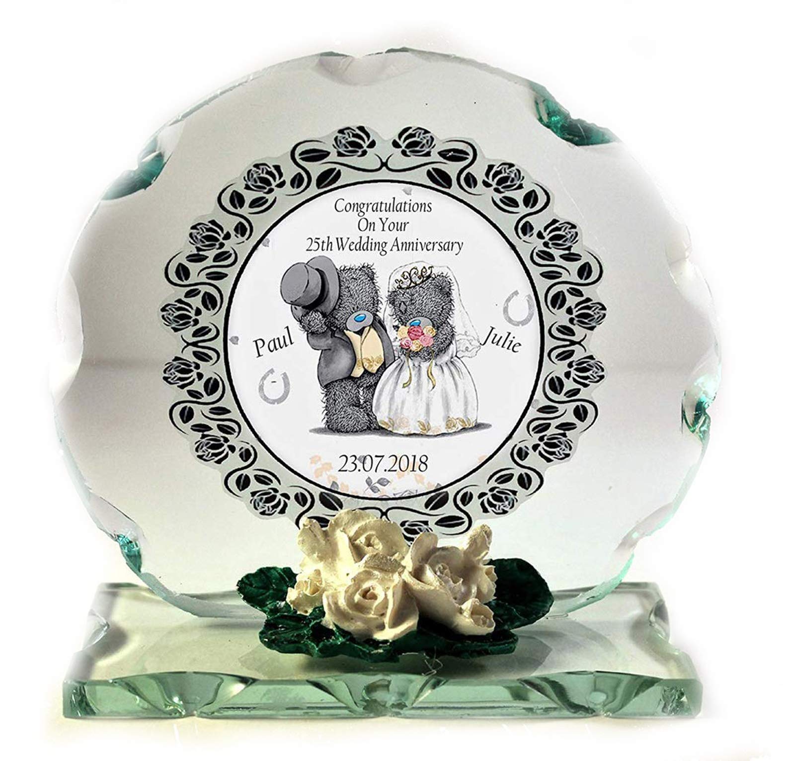 25th Silver Wedding Anniversary Personalised Gift Commemorative round cut glass Plaque keepsake present
