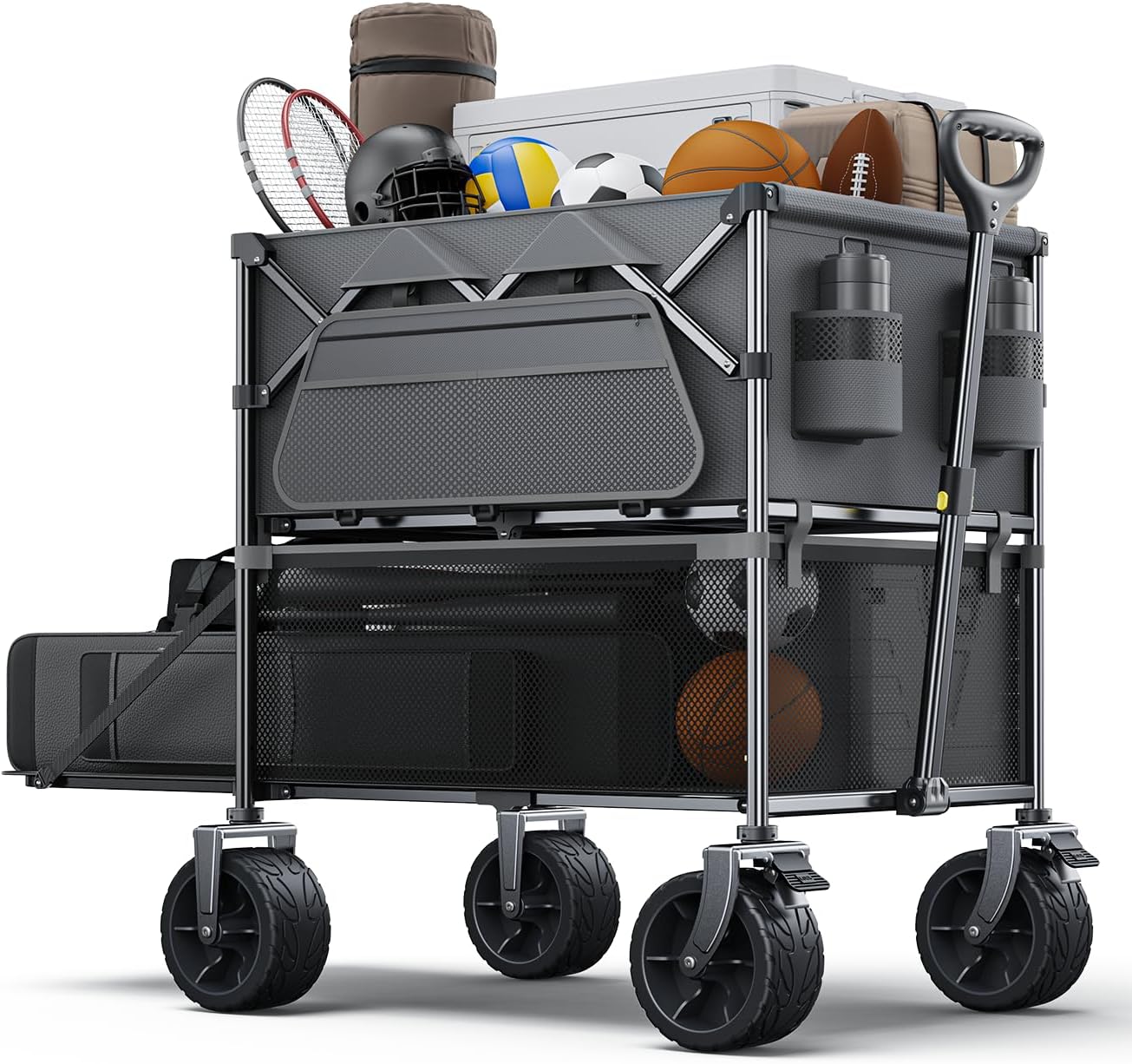 480Lbs Foldable Double Decker Wagon Cart,Beach Carts with Large Wheels&Side Storage Pocket&Dustbag,Large Capacity Folding Wagon for Shopping,Garden,Camping,Fish,Sports-Grey