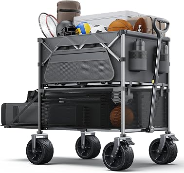 Everyfun 480Lbs Foldable Double Decker Wagon Cart,Beach Carts with Large Wheels&Side Storage Pocket&Dustbag,Large Capacity Folding Wagon for Shopping,Garden,Camping,Fish,Sports-Grey
