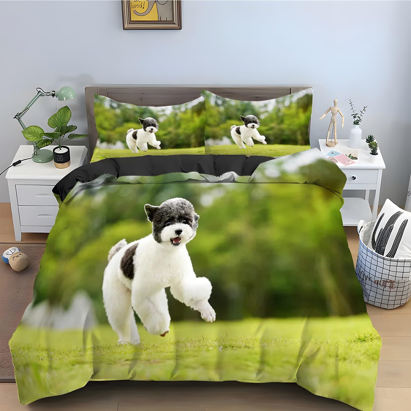 Housse de couette caniche 200x200 anti-plis parure lit zippée microfibre douce