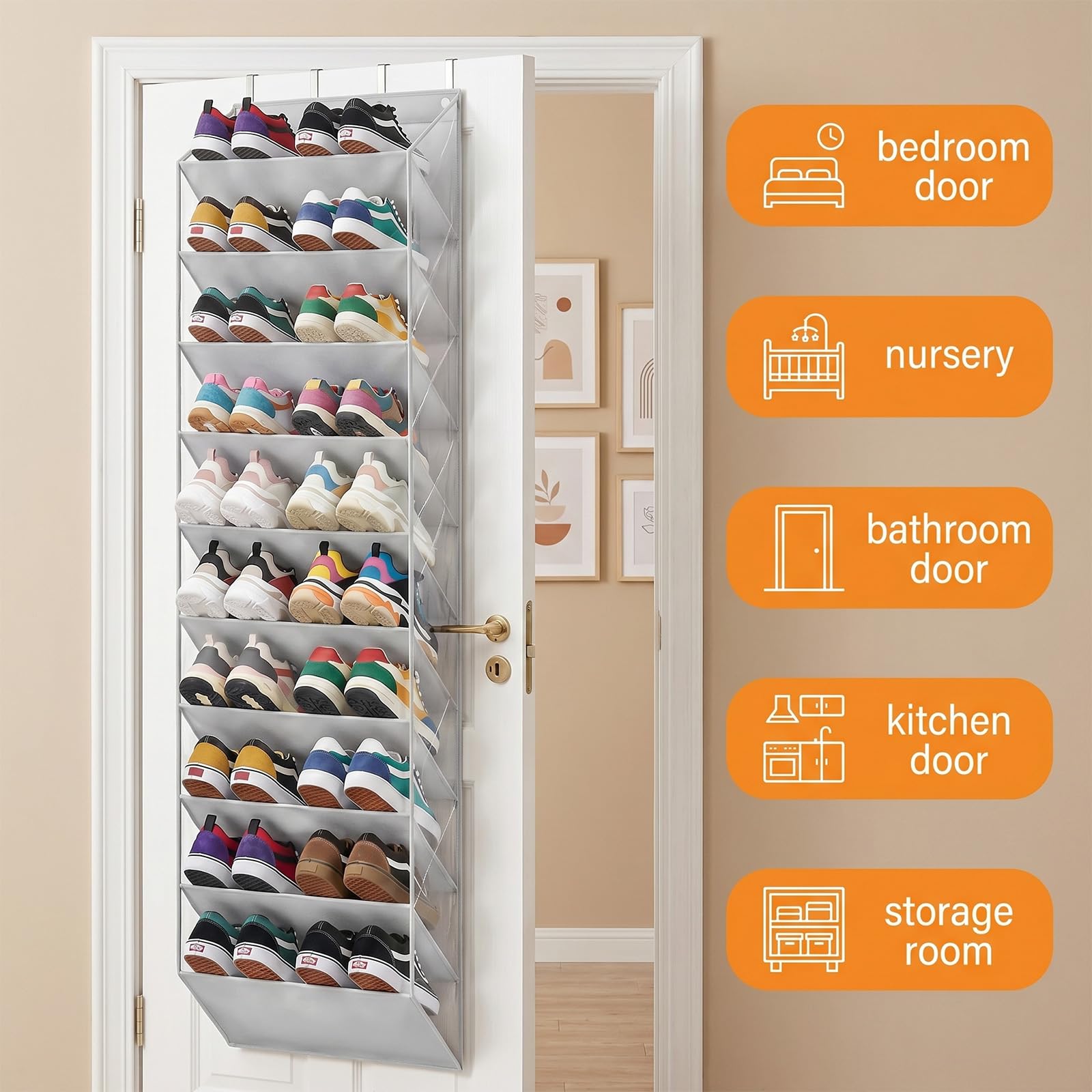Porta Scarpe Salvaspazio Verticale con 10 Tasche Profonde & 4 Ganci, Grande Capacità Scarpiera da Appendere per Armadio, Lavanderia e Camera Letto