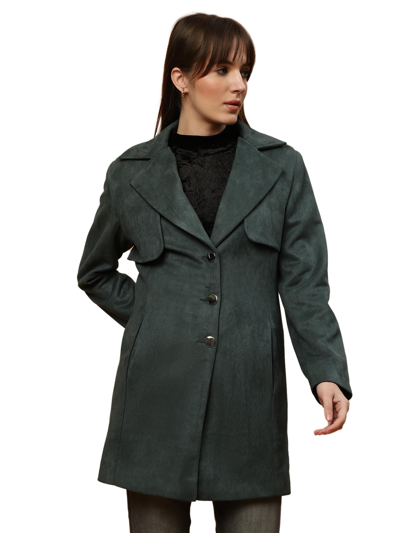 beatnik Shawl Collar Full Sleeve Dark Green Women's Blazers-picture-20